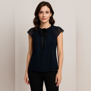 Upper Crust Navy Chiffon Blouse w/ Floral Applique & Ribbon Size 14 NWT